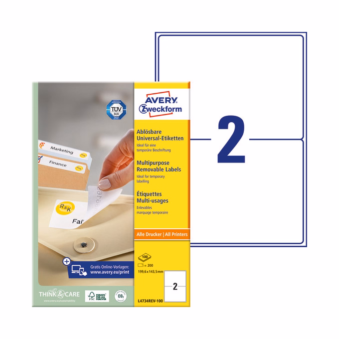 Etikett AVERY L4734REV-100 199,6x143,5 mm univerzális visszaszedhető 200 címke/doboz 100 ív/doboz