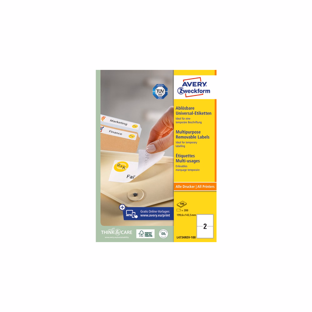 Etikett AVERY L4734REV-100 199,6x143,5 mm univerzális visszaszedhető 200 címke/doboz 100 ív/doboz