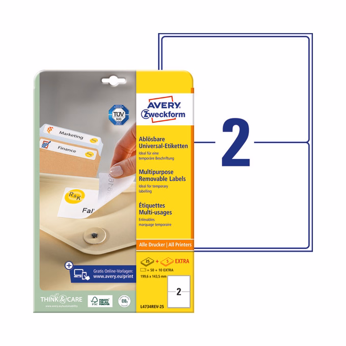 Etikett AVERY L4734REV-25 199,6x143,5mm univerzális visszaszedhető 60 címke/doboz 30 ív/doboz