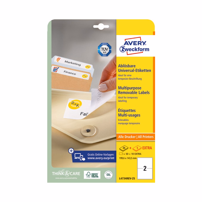 Etikett AVERY L4734REV-25 199,6x143,5mm univerzális visszaszedhető 60 címke/doboz 30 ív/doboz
