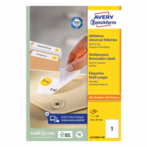 Etikett AVERY L4735REV-100 210x297 mm univerzális visszaszedhető 100 címke/doboz 100 ív/doboz