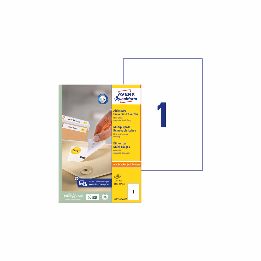 Etikett AVERY L4735REV-100 210x297 mm univerzális visszaszedhető 100 címke/doboz 100 ív/doboz