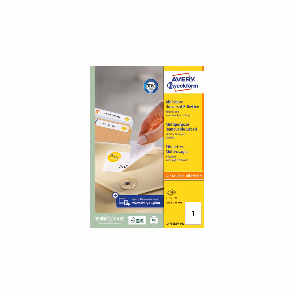 Etikett AVERY L4735REV-100 210x297 mm univerzális visszaszedhető 100 címke/doboz 100 ív/doboz