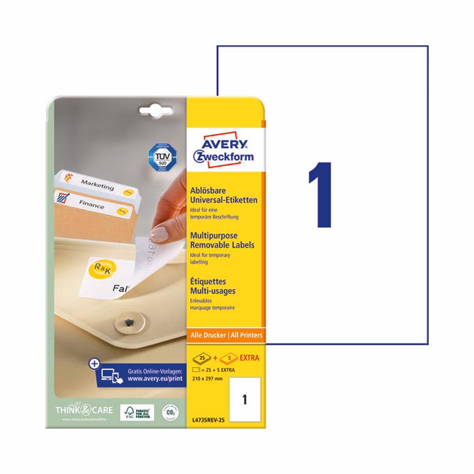Etikett AVERY L4735REV-25 210x297mm univerzális visszaszedhető 30 címke/doboz 30 ív/doboz