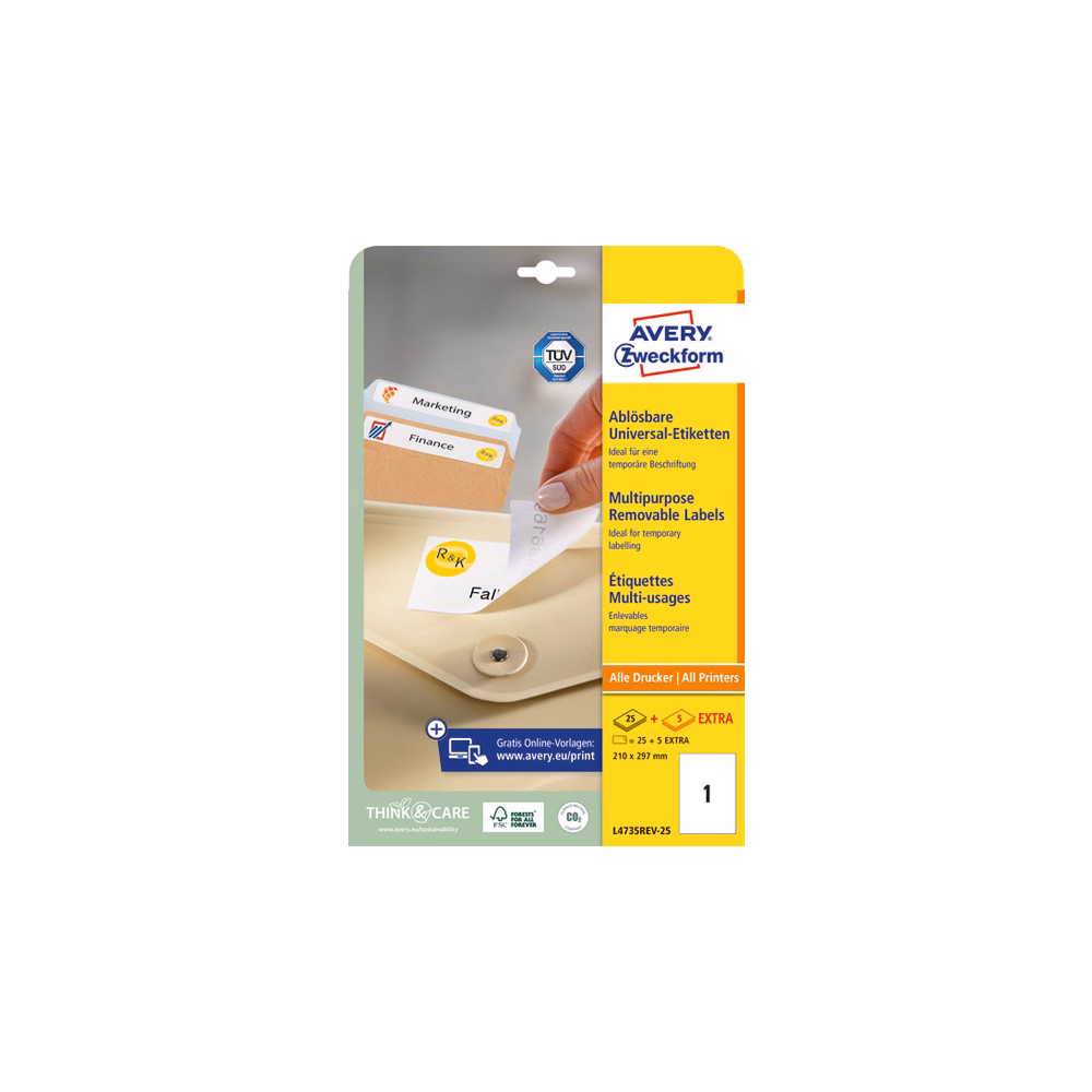 Etikett AVERY L4735REV-25 210x297mm univerzális visszaszedhető 30 címke/doboz 30 ív/doboz