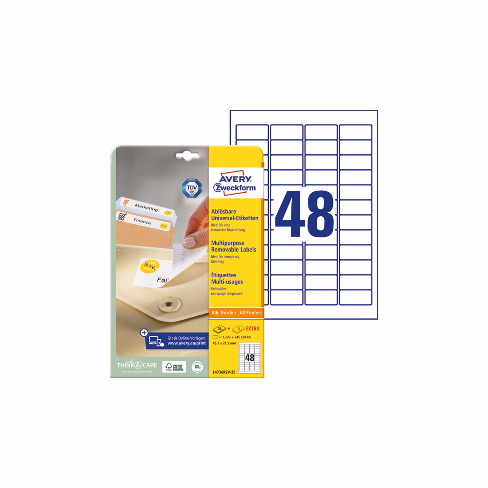 Etikett AVERY L4736REV-25 45,7x21,2mm visszaszedhető 1200 címke/doboz 25 ív/doboz