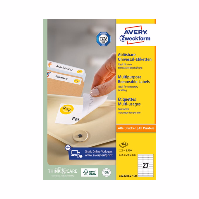 Etikett AVERY L4737REV-100 63,5x29,6 mm univerzális visszaszedhető 2700 címke/doboz 100 ív/doboz