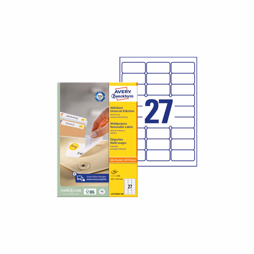 Etikett AVERY L4737REV-100 63,5x29,6 mm univerzális visszaszedhető 2700 címke/doboz 100 ív/doboz
