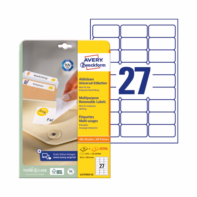 Etikett AVERY L4737REV-25 63,5x29,6mm univerzális visszaszedhető 810 címke/doboz 30 ív/doboz