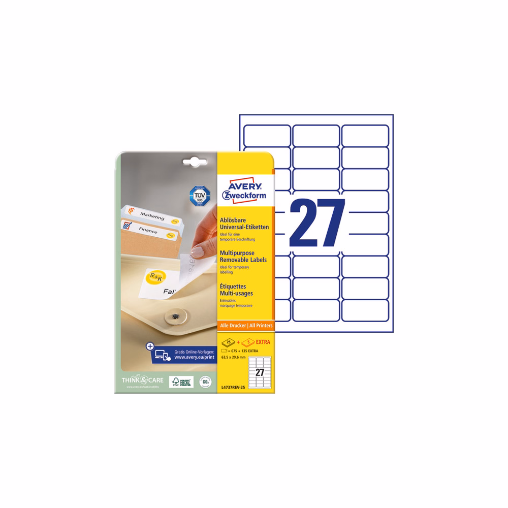 Etikett AVERY L4737REV-25 63,5x29,6mm univerzális visszaszedhető 810 címke/doboz 30 ív/doboz