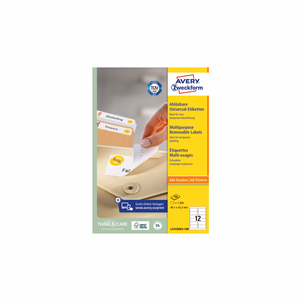 Etikett AVERY L4743REV-100 99,1x42,3 mm univerzális visszaszedhető 1200 címke/doboz 100 ív/doboz