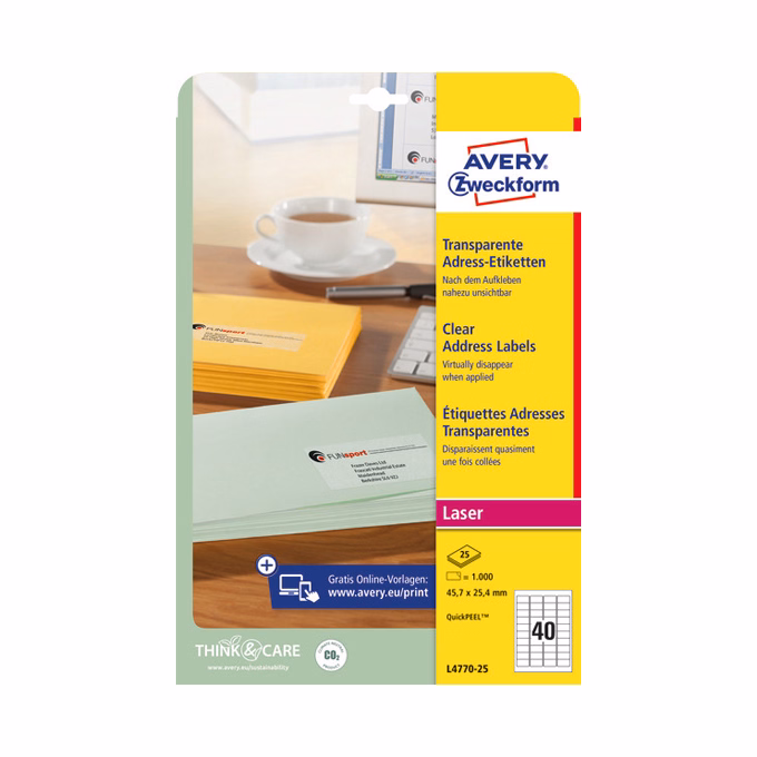 Etikett AVERY L4770-25 45,7x25,4 mm átlátszó 1000 címke/doboz 25 ív/doboz