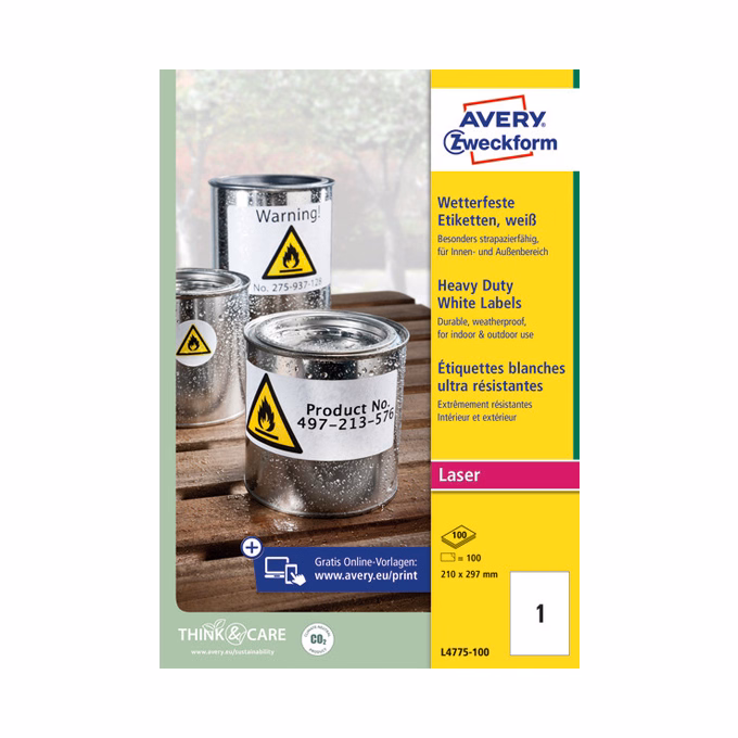 Etikett AVERY L4775-100 210x297 mm fehér időjárásálló 100 címke/doboz 100 ív/doboz