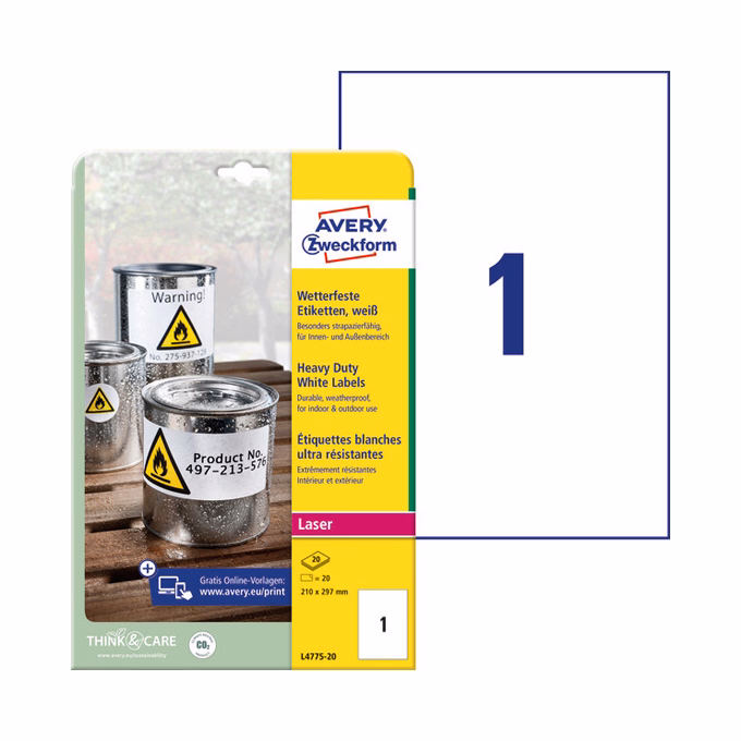 Etikett AVERY L4775-20 210x297mm időjárásálló fehér poliészter lézer 20 címke/doboz 20 ív/doboz