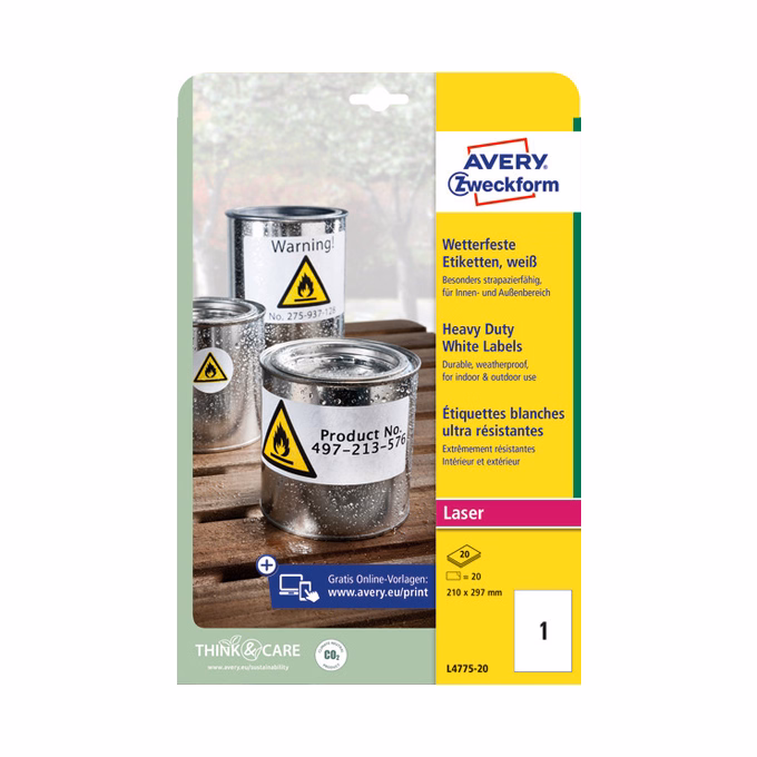 Etikett AVERY L4775-20 210x297mm időjárásálló fehér poliészter lézer 20 címke/doboz 20 ív/doboz