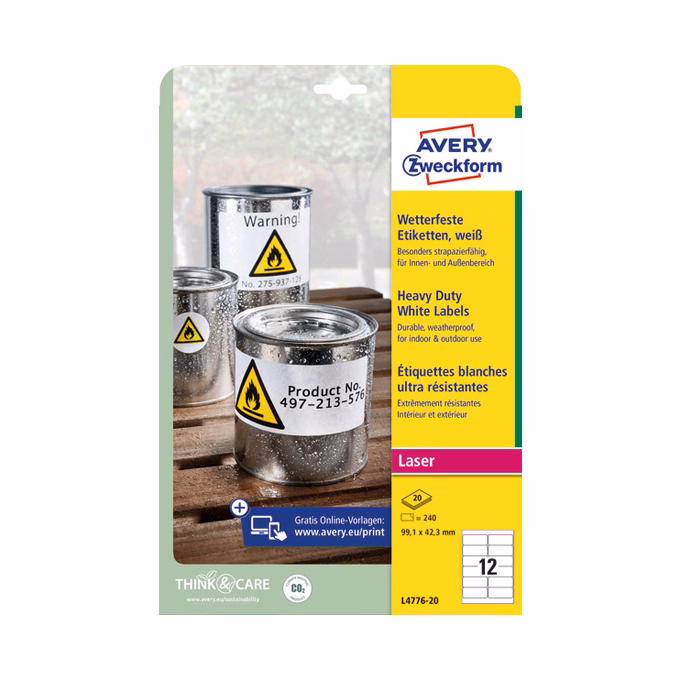Etikett AVERY L4776-20 99,1x42,3mm időjárásálló poliészter fehér 240 címke/doboz 20 ív/doboz