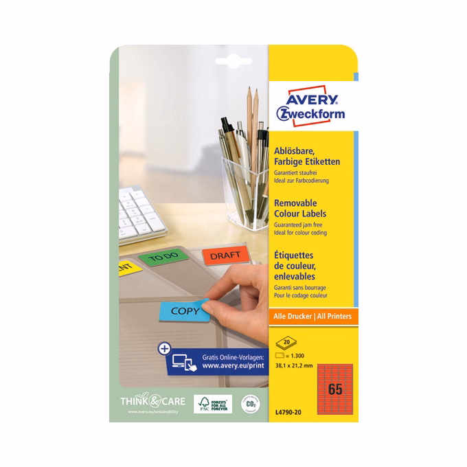 Etikett AVERY L4790-20 38,1x21,2mm piros 1300 címke/doboz 20 ív/doboz