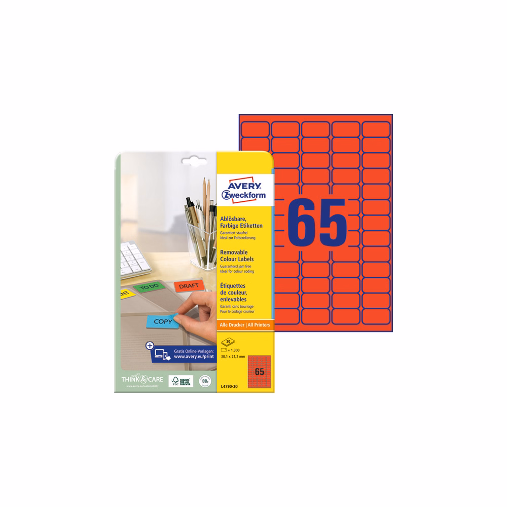 Etikett AVERY L4790-20 38,1x21,2mm piros 1300 címke/doboz 20 ív/doboz