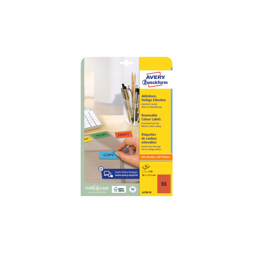 Etikett AVERY L4790-20 38,1x21,2mm piros 1300 címke/doboz 20 ív/doboz