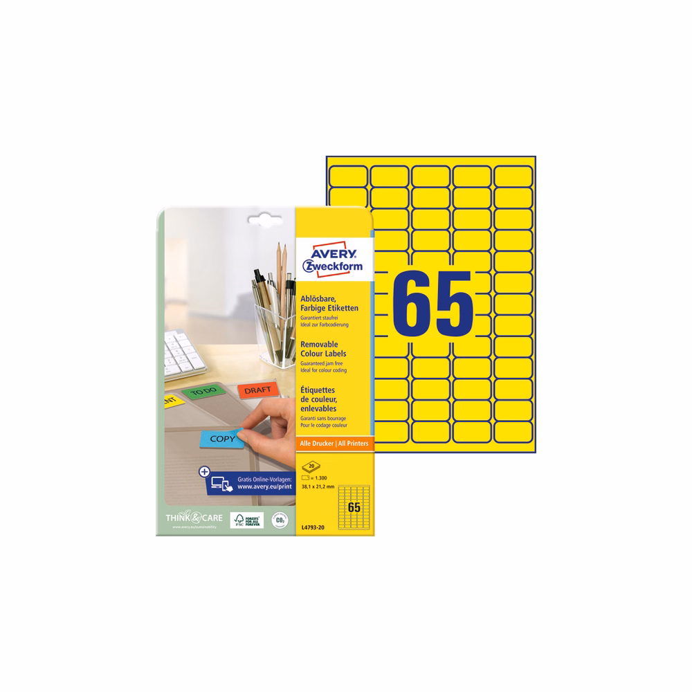 Etikett AVERY L4793-20 38,1x21,2mm sárga 1300 címke/doboz 20 ív/doboz