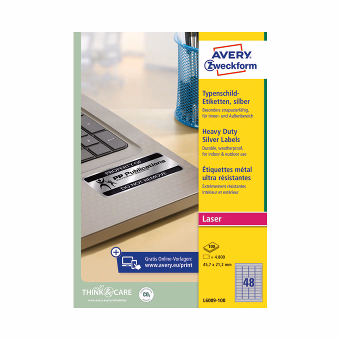 Etikett AVERY L6009-100 45,7x21,2 mm ipari ezüst poliészter 4800 címke/doboz 100 ív/doboz