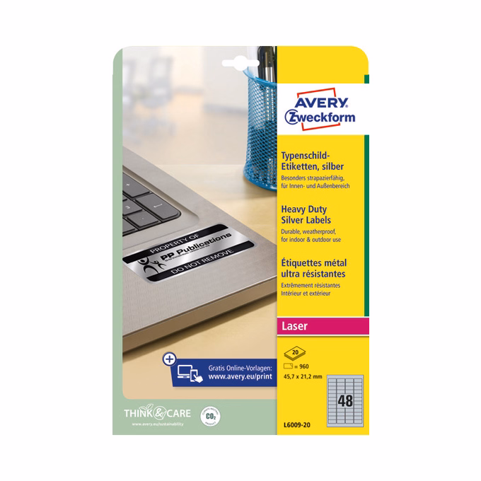 Etikett AVERY L6009-20 45,7x21,2mm laser ezüst 960 címke/doboz 20 ív/doboz
