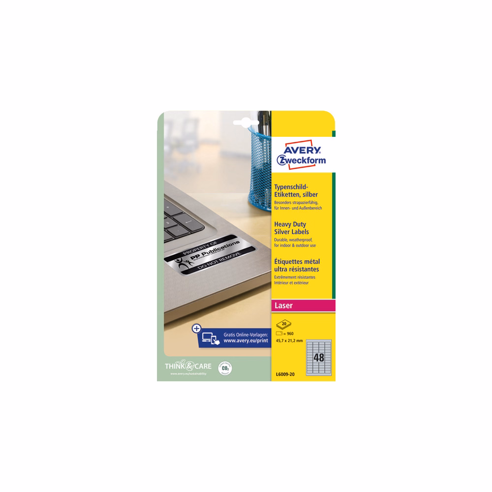 Etikett AVERY L6009-20 45,7x21,2mm laser ezüst 960 címke/doboz 20 ív/doboz