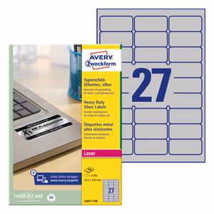 Etikett AVERY L6011-100 63,5x29,6 mm ipari ezüst poliészter 2700 címke/doboz 100 ív/doboz