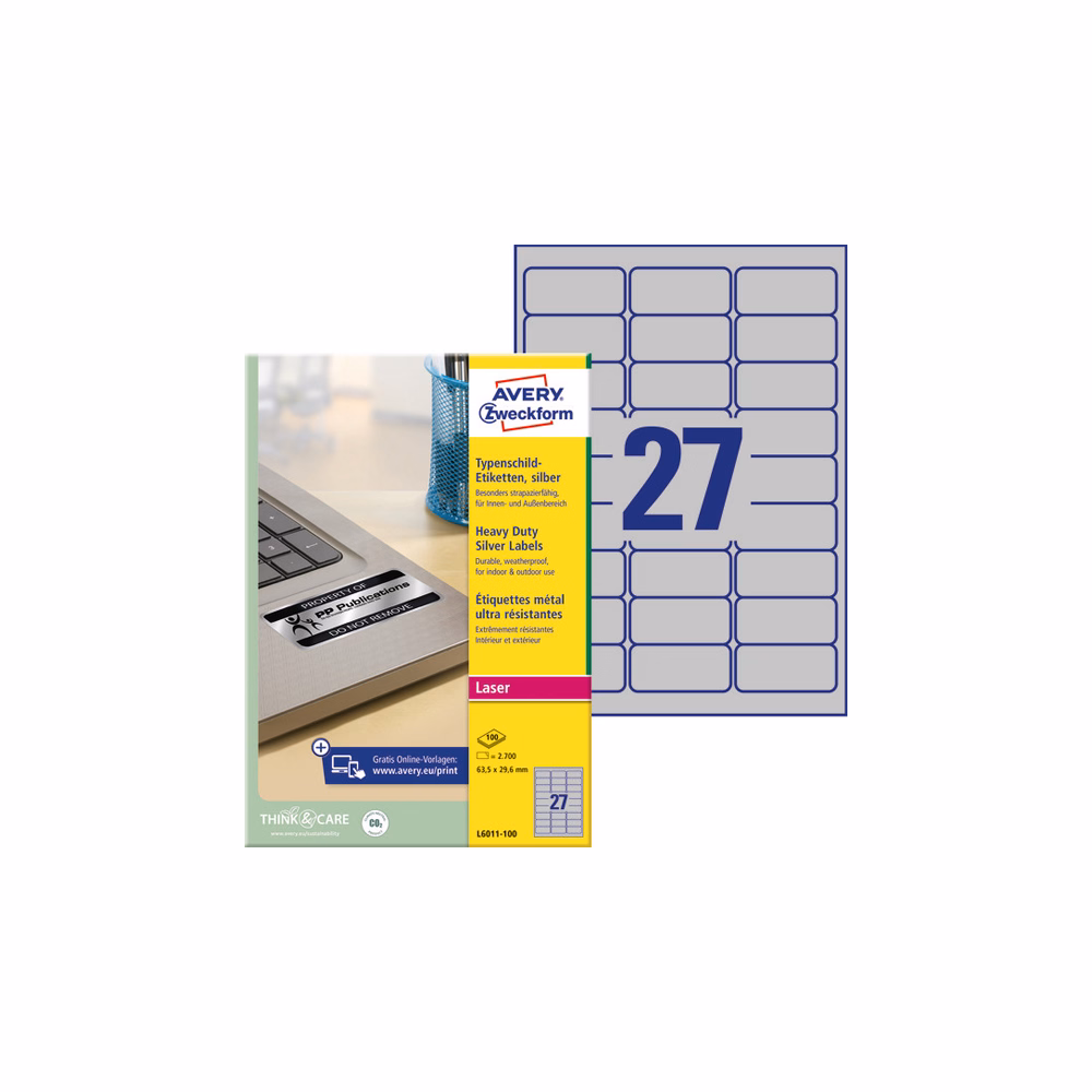 Etikett AVERY L6011-100 63,5x29,6 mm ipari ezüst poliészter 2700 címke/doboz 100 ív/doboz