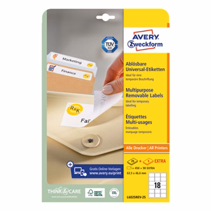 Etikett AVERY L6025REV-25 63,5x46,6mm univerzális visszaszedhető fehér 540 címke/doboz 30 ív/doboz