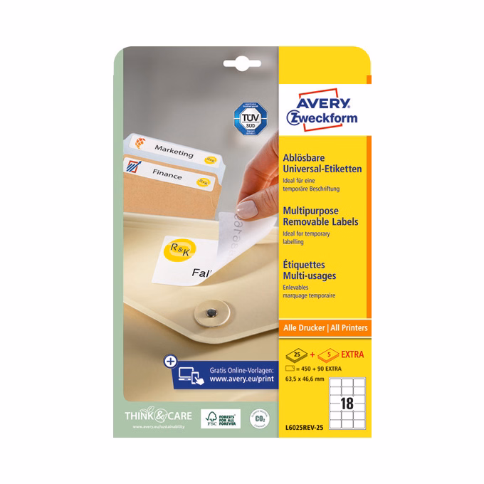 Etikett AVERY L6025REV-25 63,5x46,6mm univerzális visszaszedhető fehér 540 címke/doboz 30 ív/doboz