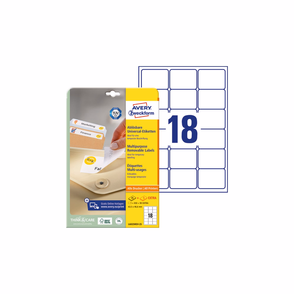 Etikett AVERY L6025REV-25 63,5x46,6mm univerzális visszaszedhető fehér 540 címke/doboz 30 ív/doboz