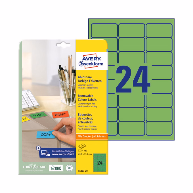 Etikett AVERY L6033-20 63,5x33,9mm univerzális zöld 480 címke/doboz 20 ív/doboz