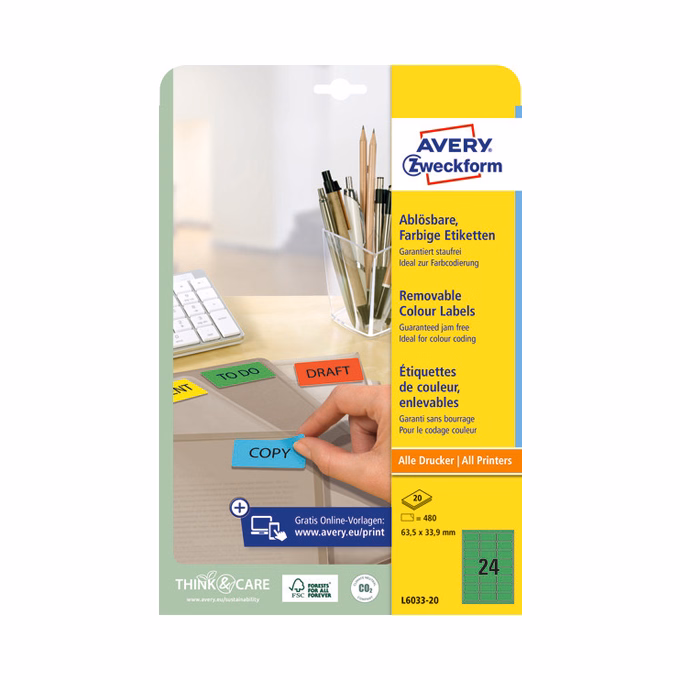 Etikett AVERY L6033-20 63,5x33,9mm univerzális zöld 480 címke/doboz 20 ív/doboz