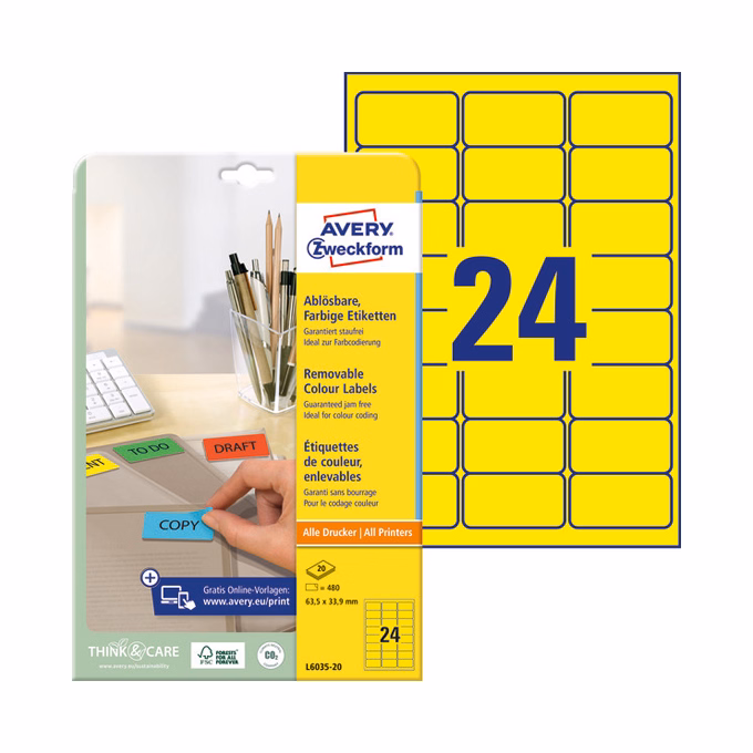 Etikett AVERY L6035-20 63,5x33,9mm univerzális sárga 480 címke/doboz 20 ív/doboz
