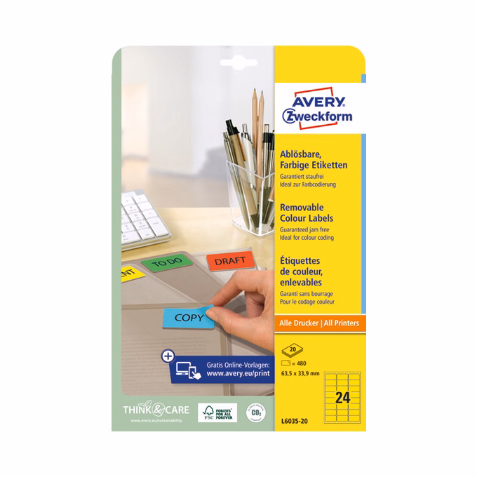 Etikett AVERY L6035-20 63,5x33,9mm univerzális sárga 480 címke/doboz 20 ív/doboz
