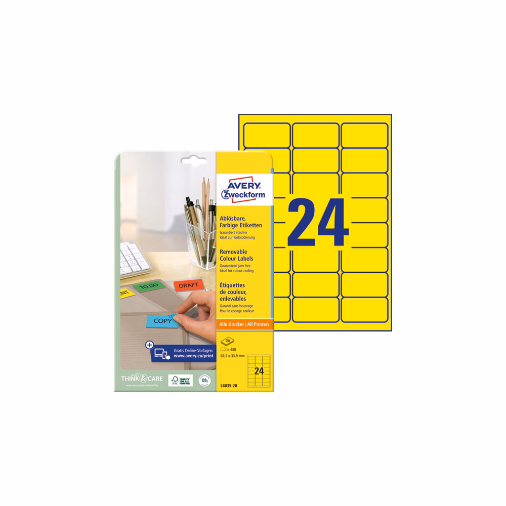 Etikett AVERY L6035-20 63,5x33,9mm univerzális sárga 480 címke/doboz 20 ív/doboz
