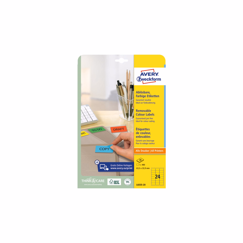 Etikett AVERY L6035-20 63,5x33,9mm univerzális sárga 480 címke/doboz 20 ív/doboz
