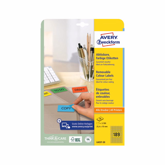 Etikett AVERY L6037-20 25,4x10 mm univerzális visszaszedhető sárga 20 íves