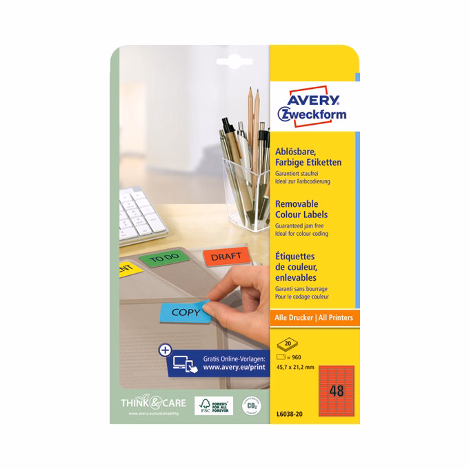 Etikett AVERY L6038-20 45,7x21,2mm univerzális visszaszedhető piros 960 címke/doboz 20 ív/doboz