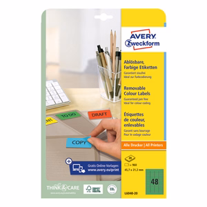 Etikett AVERY L6040-20 45,7x21,2mm univerzális visszaszedhető zöld 960 címke/doboz 20 ív/doboz