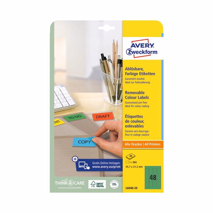 Etikett AVERY L6040-20 45,7x21,2mm univerzális visszaszedhető zöld 960 címke/doboz 20 ív/doboz