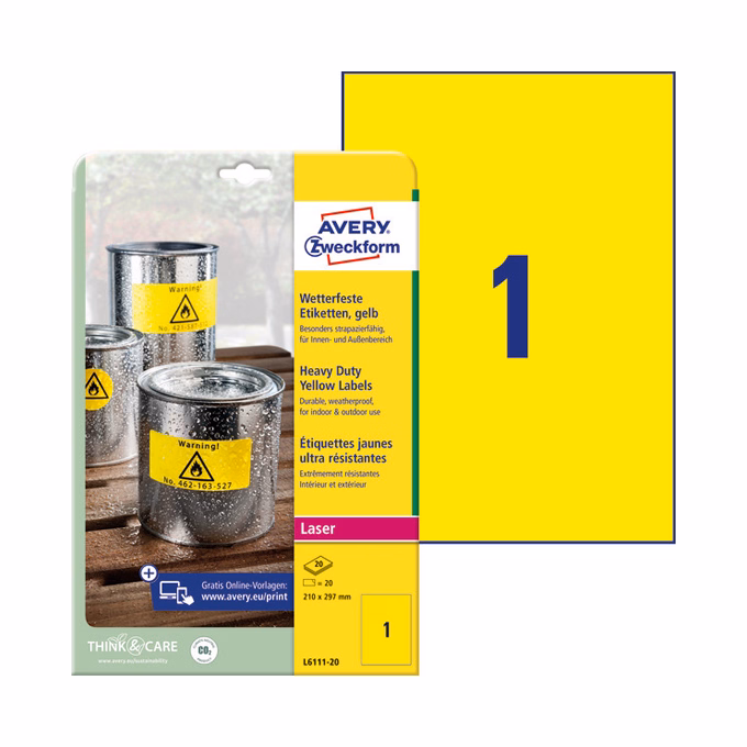 Etikett AVERY L6111-20 210x297 mm sárga időjárásálló 20 címke/doboz 20 ív/doboz Etikett AVERY L6111-20 210x297 mm sárga időjárásálló 20 címke/doboz 20 ív/doboz