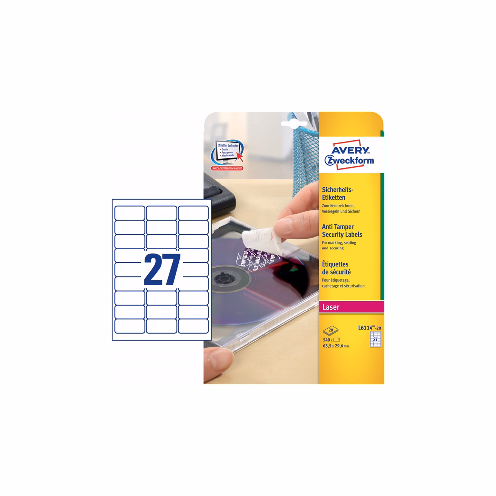 Etikett AVERY L6114-20 63,5x29,6mm laser biztonsági 540 címke/doboz 20 ív/doboz