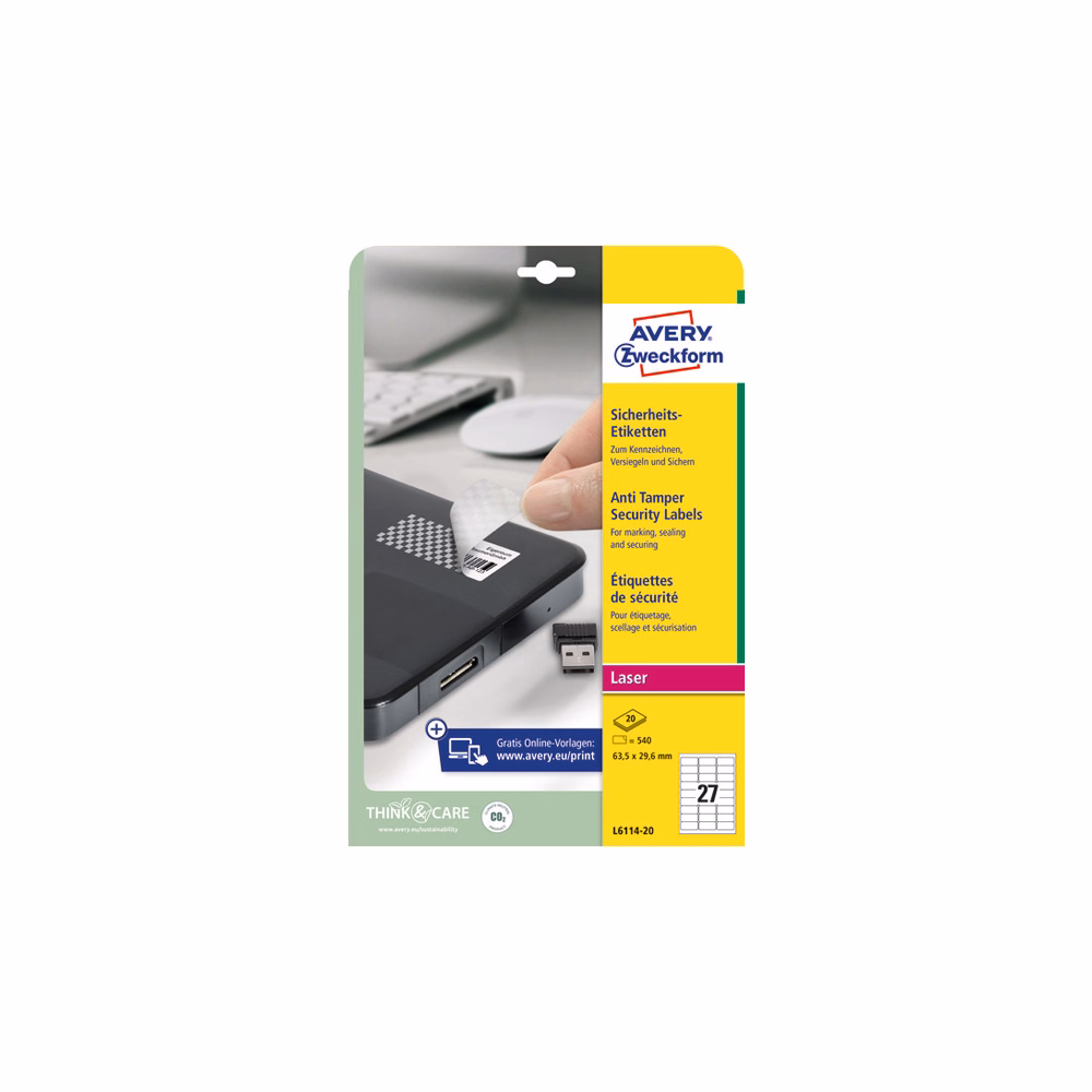 Etikett AVERY L6114-20 63,5x29,6mm laser biztonsági 540 címke/doboz 20 ív/doboz