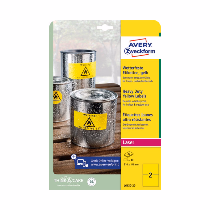 Etikett AVERY L6130-20 210x148mm sárga időjárásálló 40 címke/doboz 20 ív/doboz