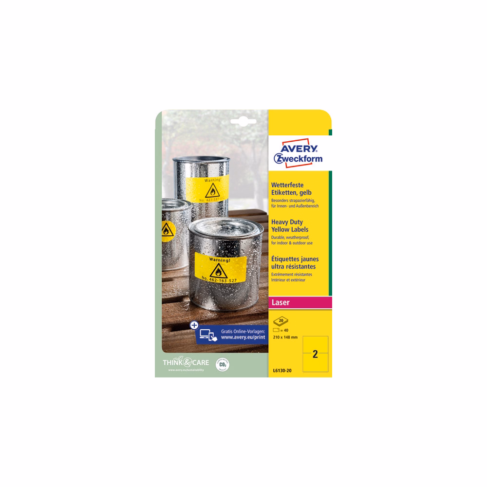 Etikett AVERY L6130-20 210x148mm sárga időjárásálló 40 címke/doboz 20 ív/doboz