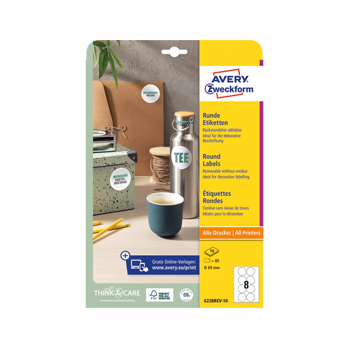 Etikett AVERY L6228REV-10  69mm univerzális kör visszaszedhető 10 íves Etikett AVERY L6228REV-10  69mm univerzális kör visszaszedhető 10 íves