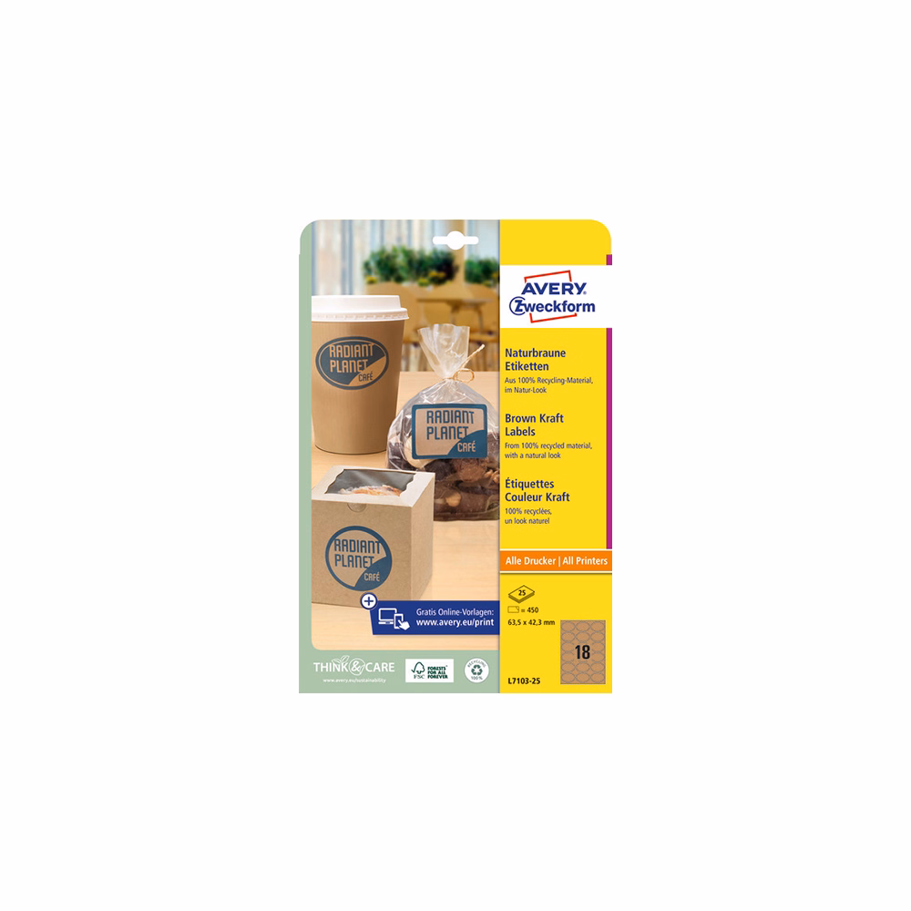 Etikett AVERY L7103-25 63,5x42,3 mm környezetbarát ovális barna kraft 25 íves Etikett AVERY L7103-25 63,5x42,3 mm környezetbarát ovális barna kraft 25 íves