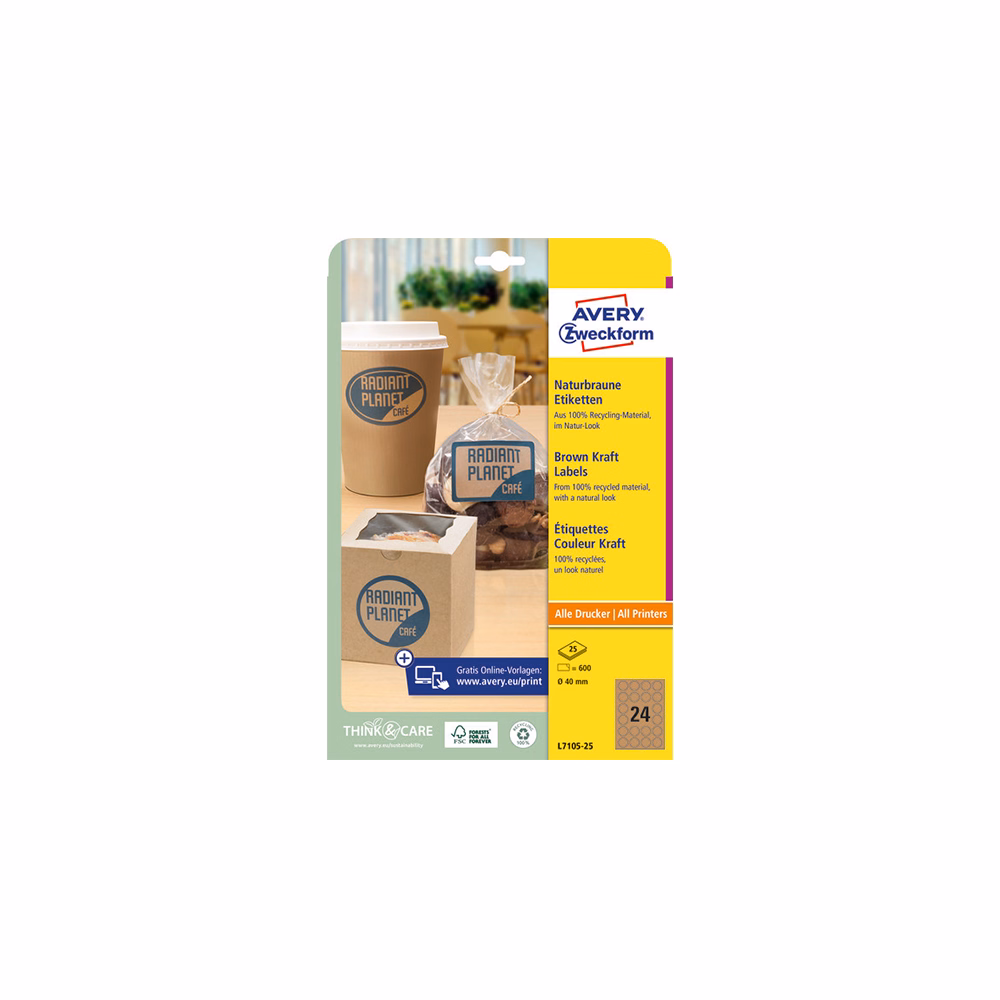 Etikett AVERY L7105-25 40 mm újrahasznosított kör barna kraft 25 íves